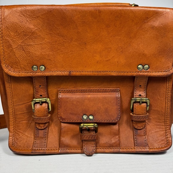 Vintage Distressed Cognac Leather Satchel Messenger Work Bag Laptop Brown - Picture 2 of 10